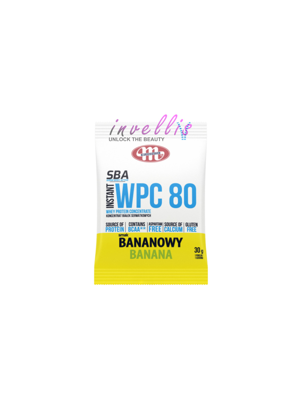 MLEKOVITA ODZYWKA BIALKOWA WPC 80 BANANOWA 30G invellis kosmetyki tanie uk naturalne zdrowie uroda