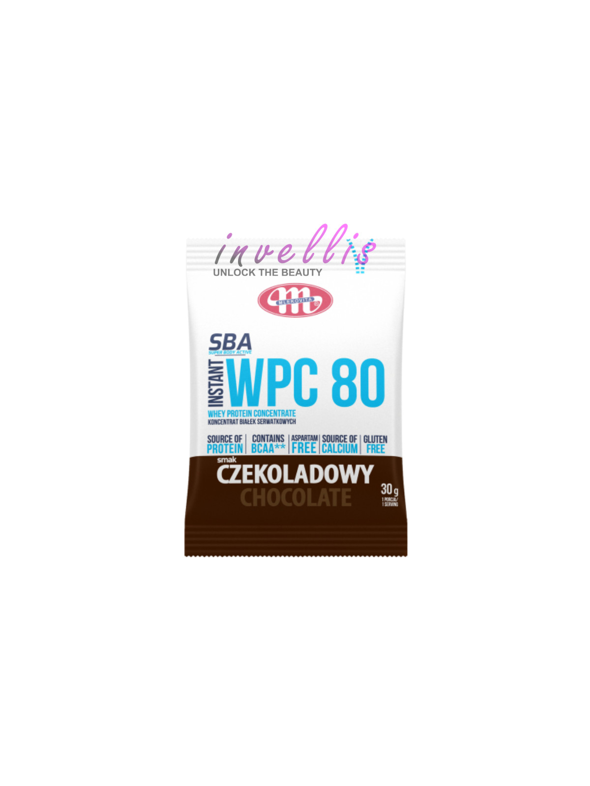 MLEKOVITA ODZYWKA BIALKOWA WPC 80 CZEKOLADOWA 30G invellis kosmetyki tanie uk naturalne zdrowie uroda